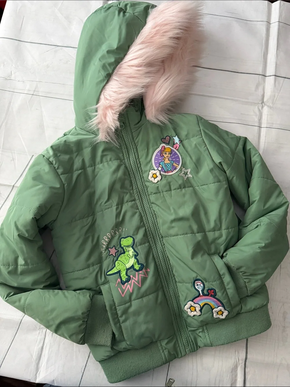 Disney Green Jacket with Pink Fur Trim and White Lining